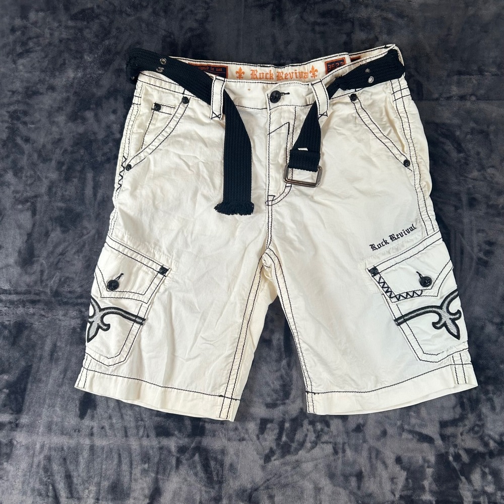Rock Revival Cargo Shorts Mens 36 White Classic Corduroy Contrast Stitch Belted